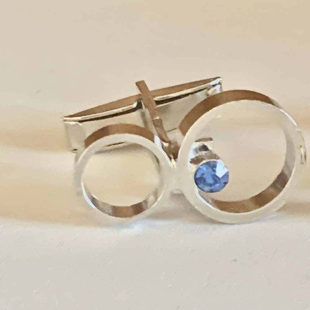 🧿 Modernist Silver-Tone Cufflinks with Blue Stone — Geometric Double Circle - Picture 3 of 6